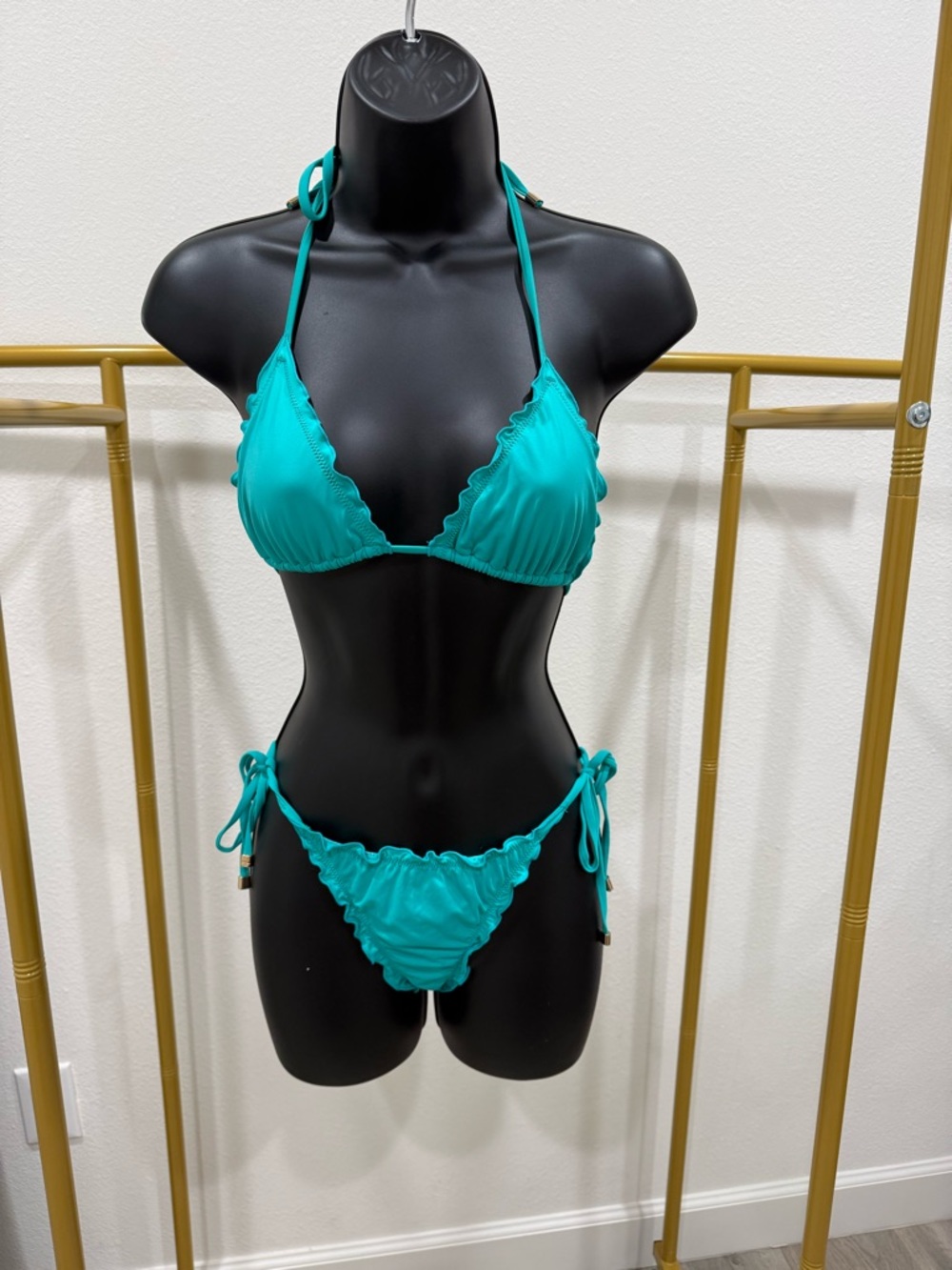 Dolcessa Teal Triangle Bikini Set Ruffle Trim Tie Side Small